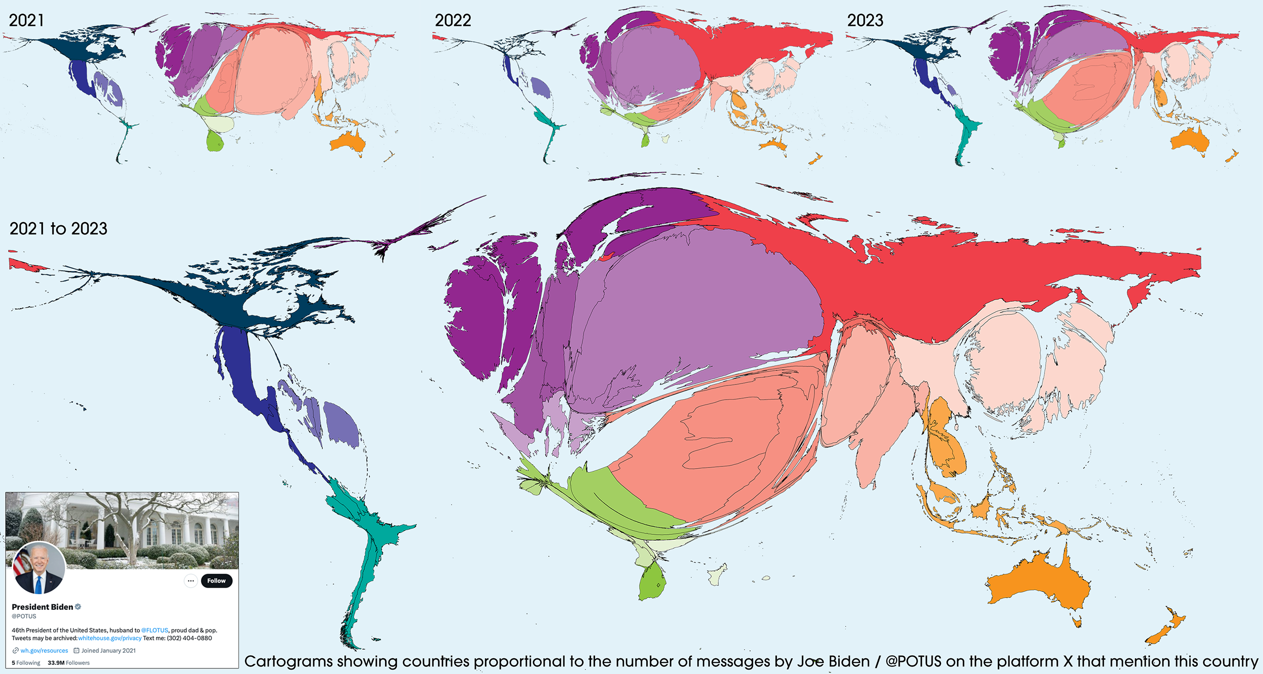 Cartogram map series showing references made to other countries in Tweets by Joe Biden during the first three years of his presidency (2021-2023)