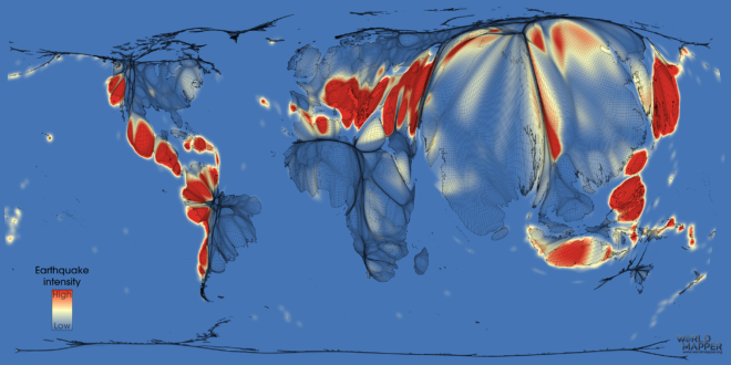 Earthquake risk gridded population cartogram